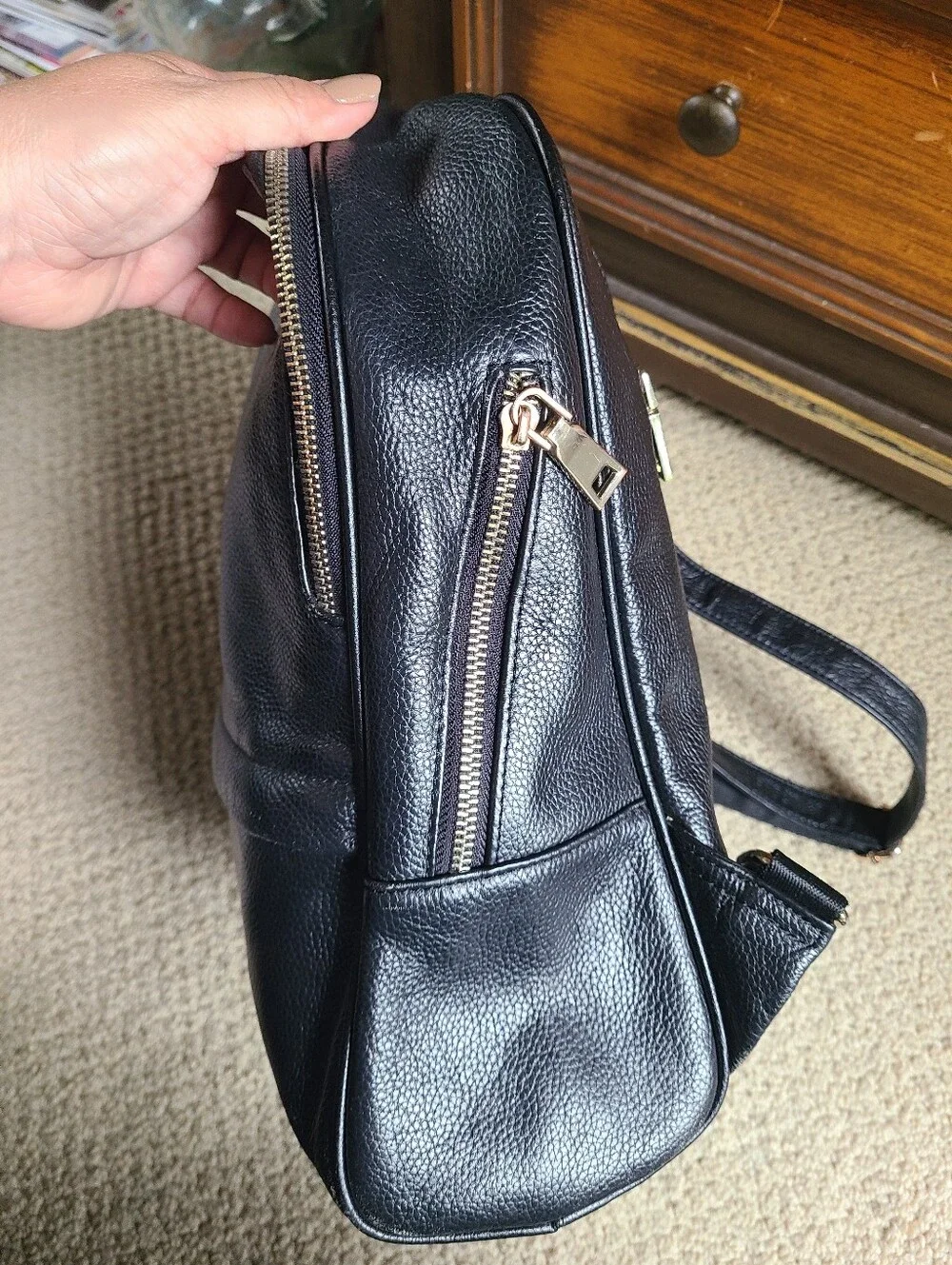 Coolcy, black leather backpack, bag